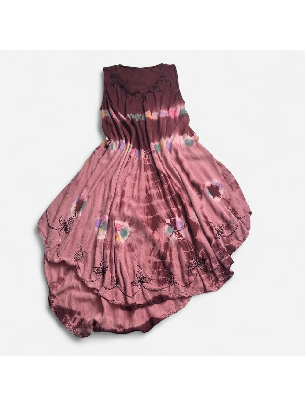 Boho Shibori Tie Dye High-Low Dress | Mauve Rose Sleeveless floral Embroidered - Picture 2 of 5